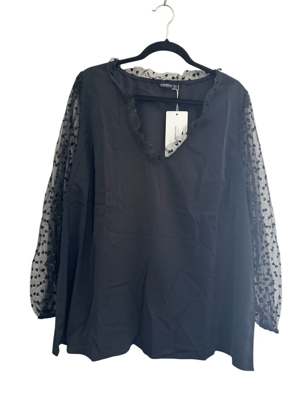 NWT Bloomchic Tunic Top Womens Size 18 20 Black Gold Heart Sheer Arms Top #6983